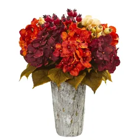 16" Autumn Hydrangea Berry Artificial Arrangement in Weather Planter"