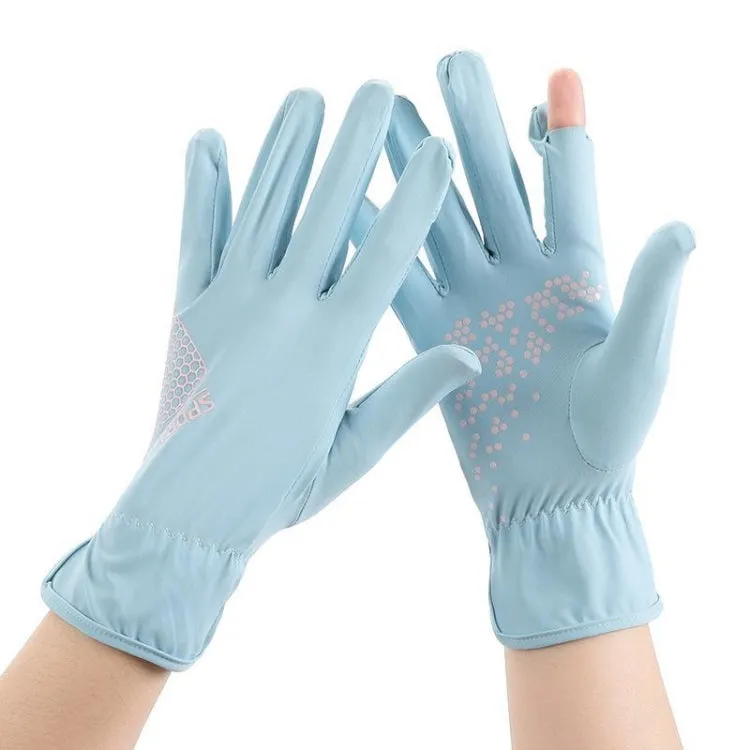 1pair Driving Sunscreen Anti-ultraviolet Thin Summer Ice Silk Dew Finger Non-slip Riding Gloves Free Size(Sky Blue)