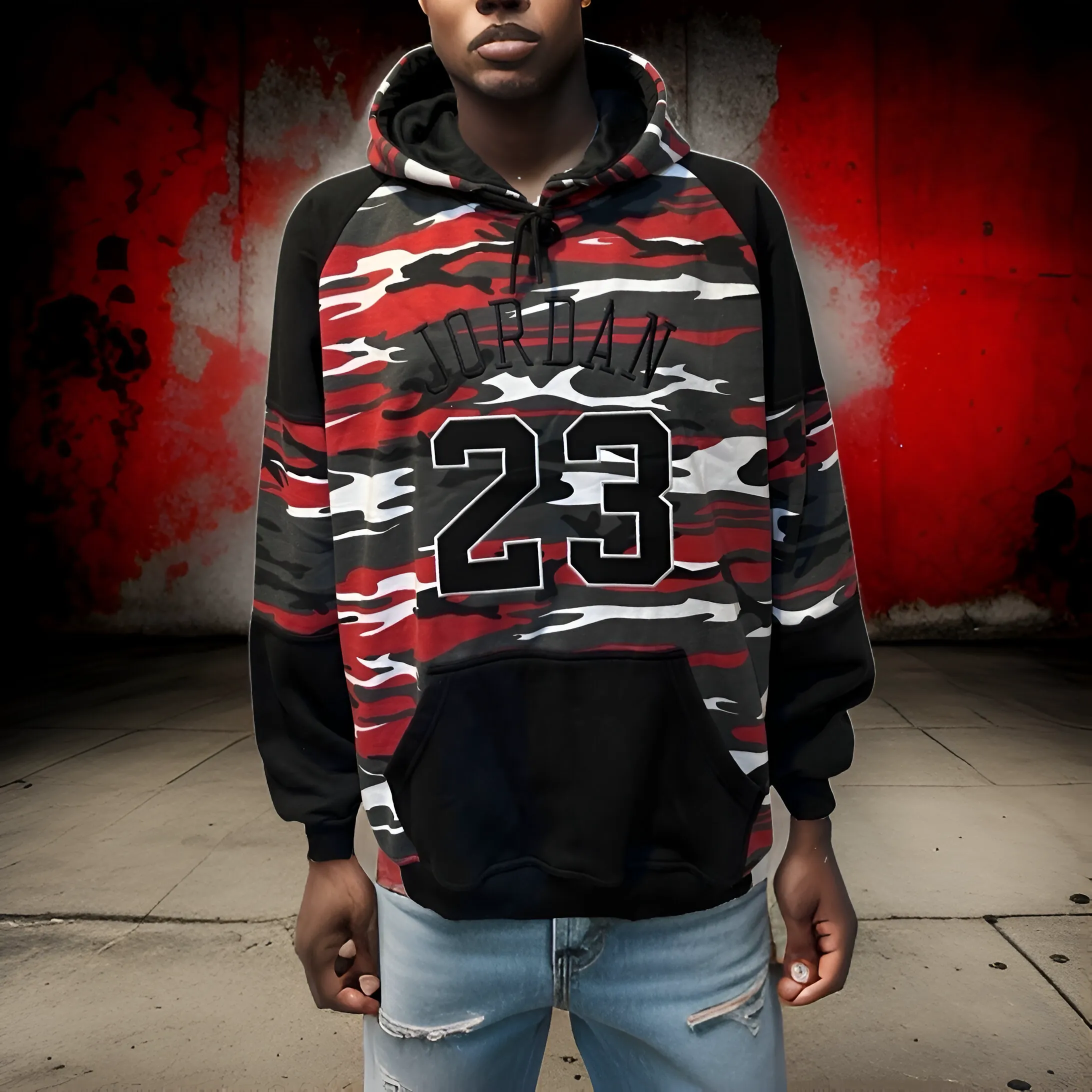 ^23 JORDAN^ (RED-CAMO) LUXURY PULLOVER HOODIES (EMBROIDERED)