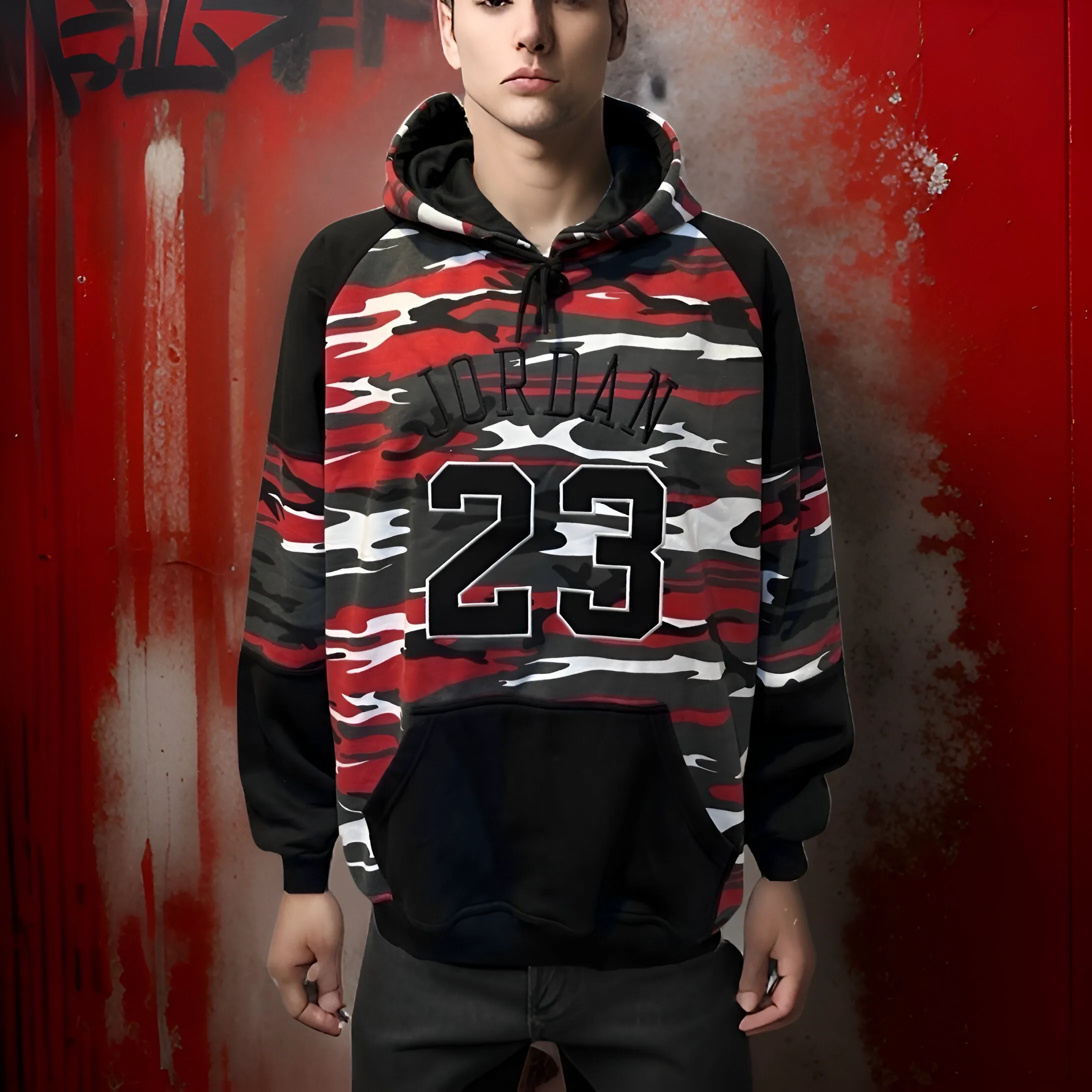 ^23 JORDAN^ (RED-CAMO) LUXURY PULLOVER HOODIES (EMBROIDERED)