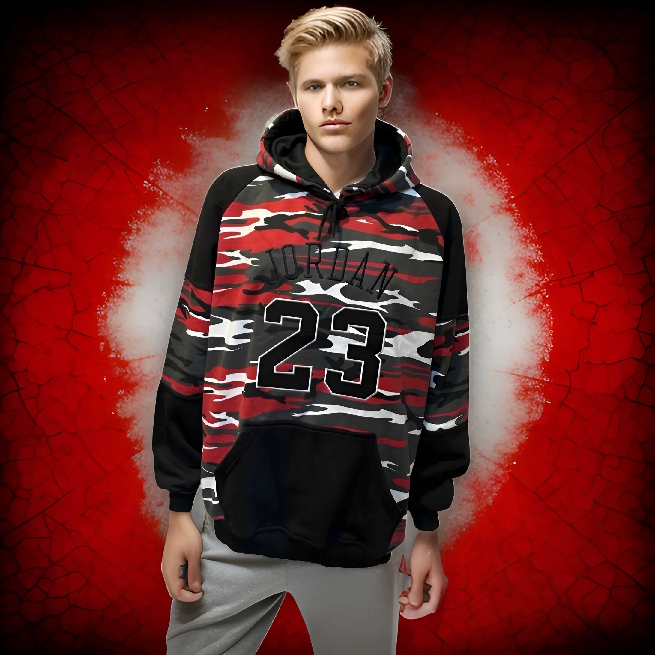 ^23 JORDAN^ (RED-CAMO) LUXURY PULLOVER HOODIES (EMBROIDERED)