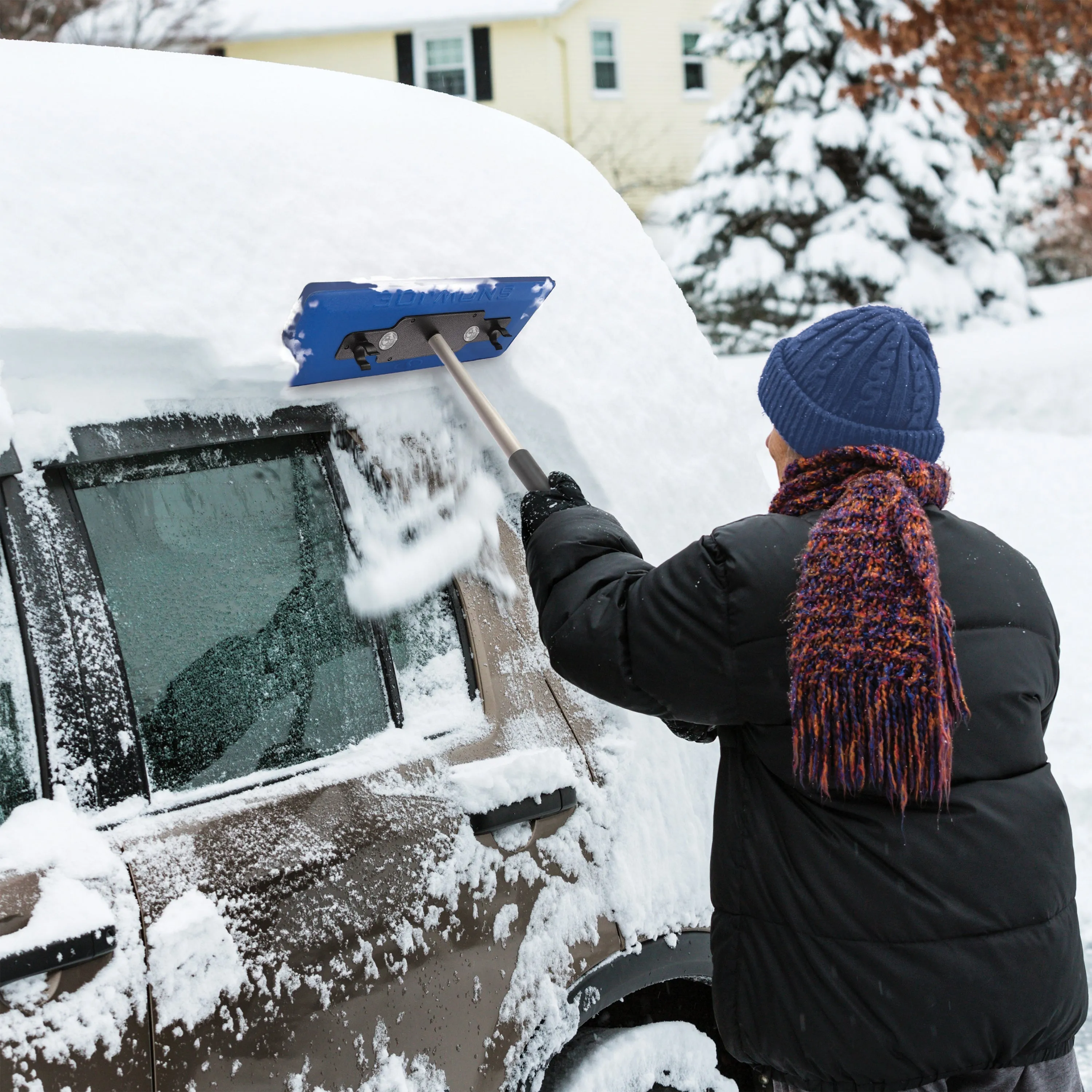 4-In-1 Telescoping Snow Broom   Ice Scraper | 18-Inch Foam Head | Headlights (Blue)