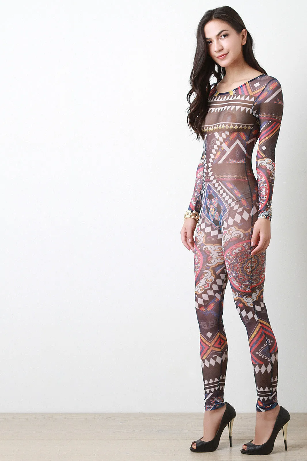 Abstract Geometric Tribal Print Mesh Jumpsuit