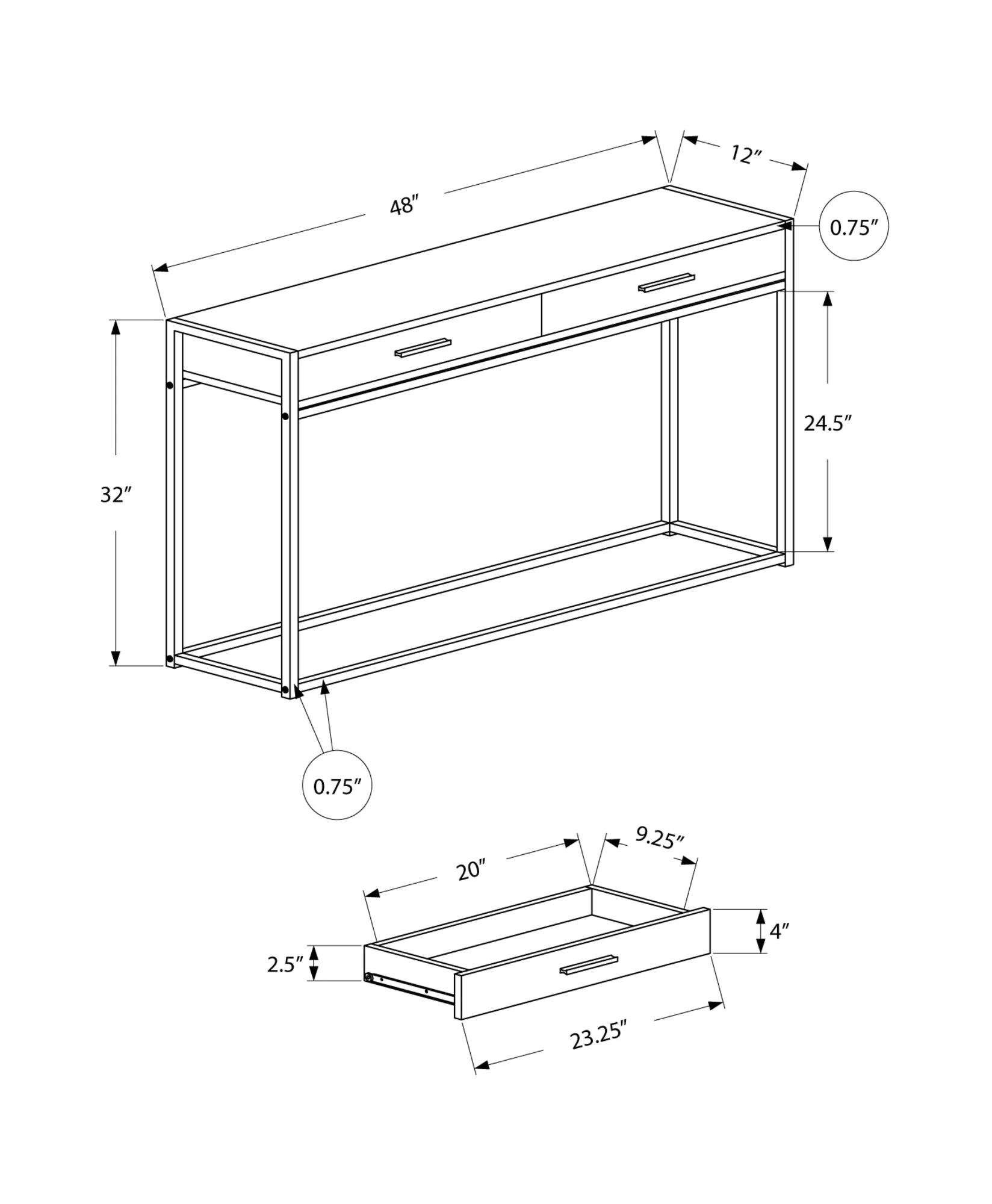 Accent Table - 48"L / Black / Black Metal Hall Console