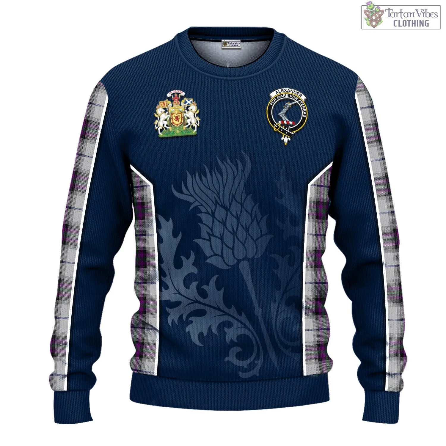 Alexander of Menstry Dress Tartan Knitted Sweatshirt with Family Crest and Scottish Thistle Vibes Sport Style