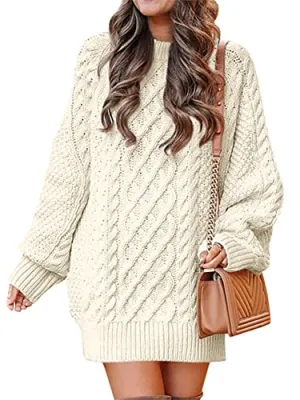 ANRABES Women Casual Knit Round Neck Long Sleeve Oversized Sweaters Dress