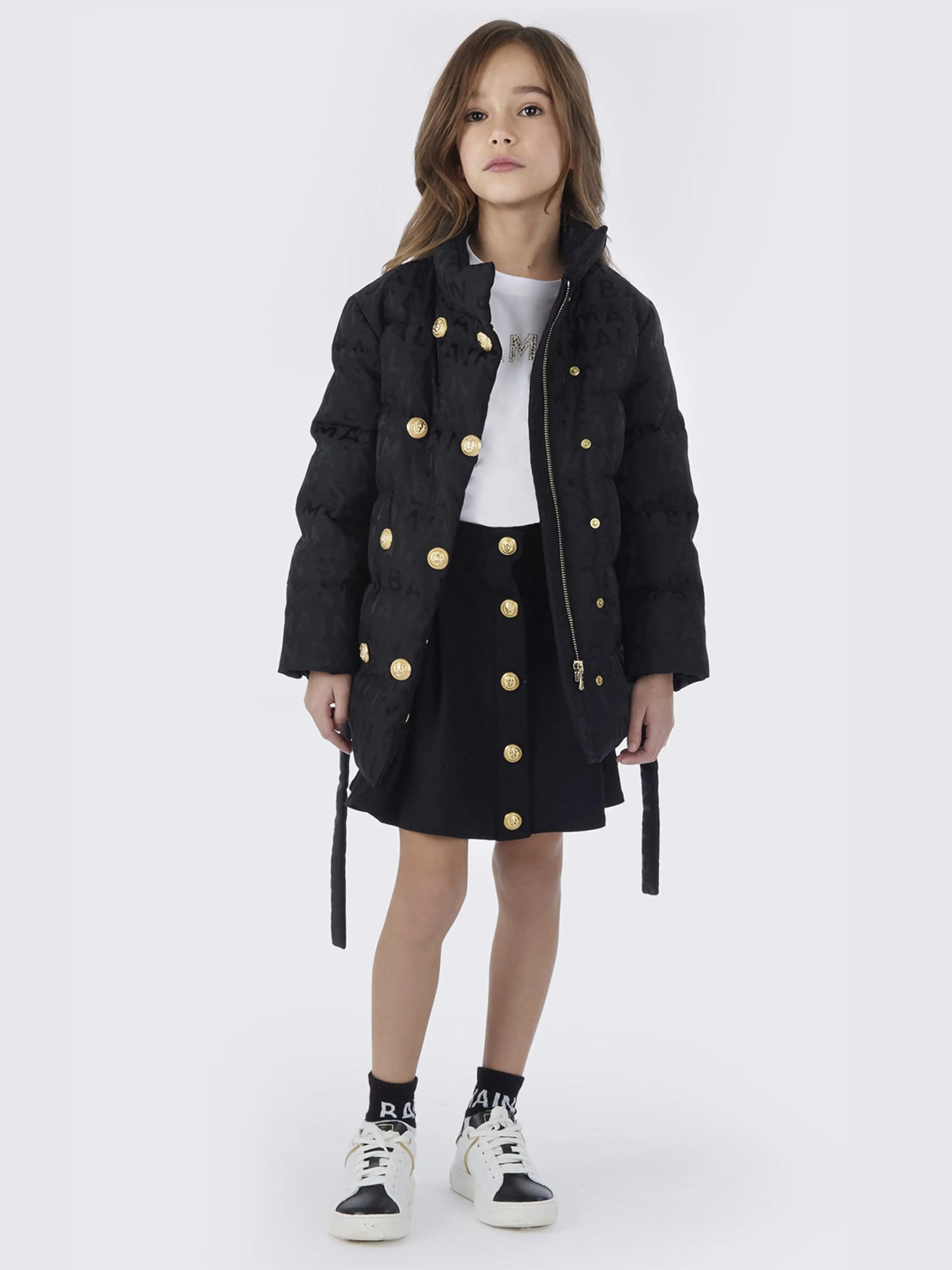 Balmain Girls Tech Jacquard Puffer Coat in Black