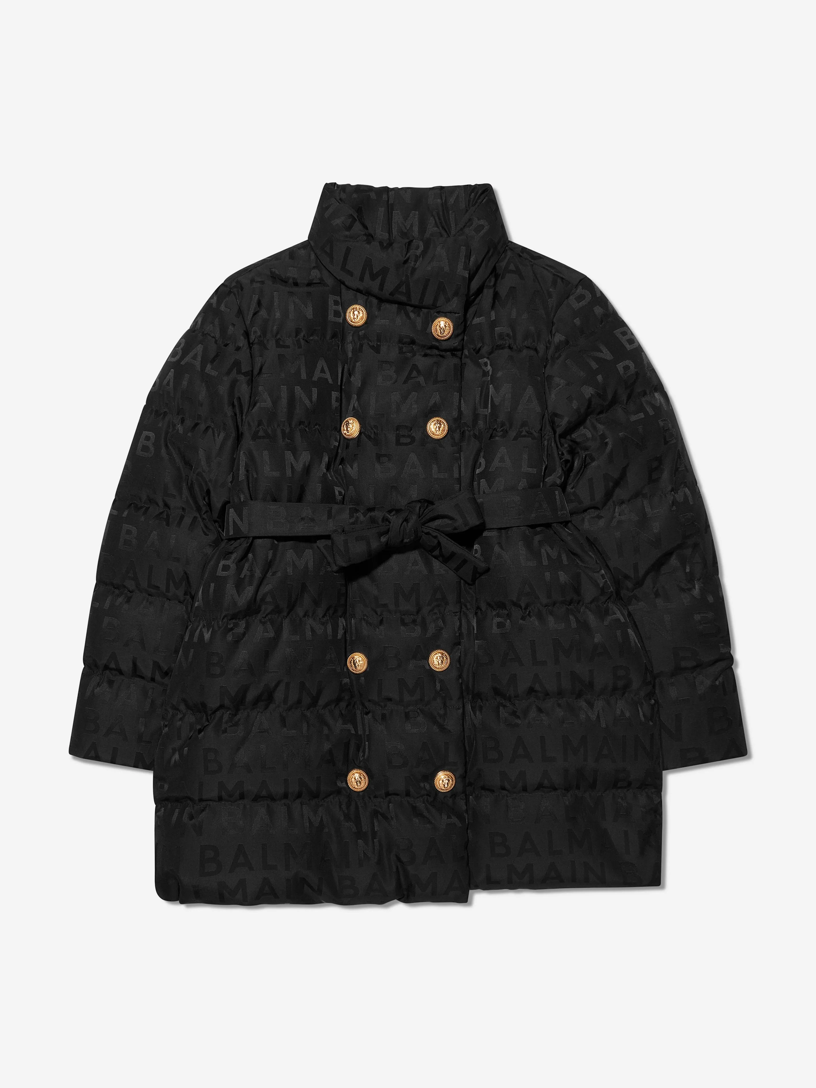 Balmain Girls Tech Jacquard Puffer Coat in Black