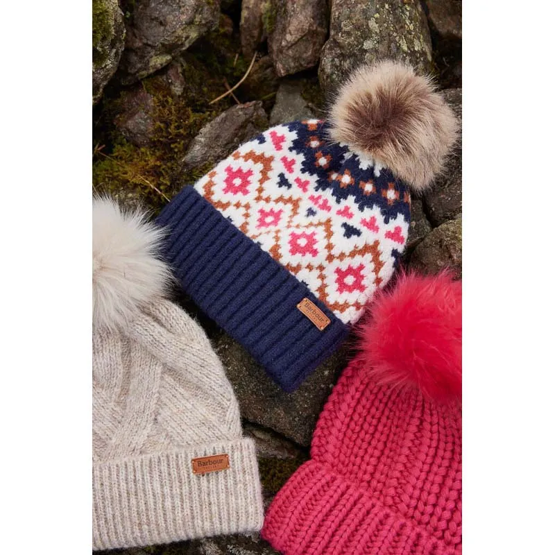 Barbour Claudia Fairisle Ladies Beanie - Navy/Pink Dahlia