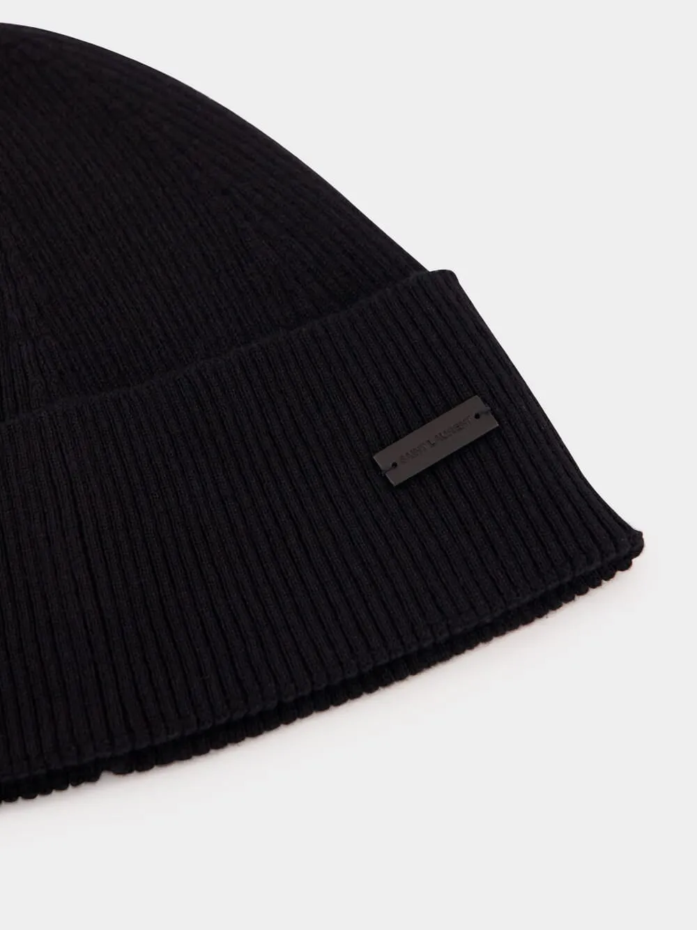 Black Cashmere Rib-Knit Beanie