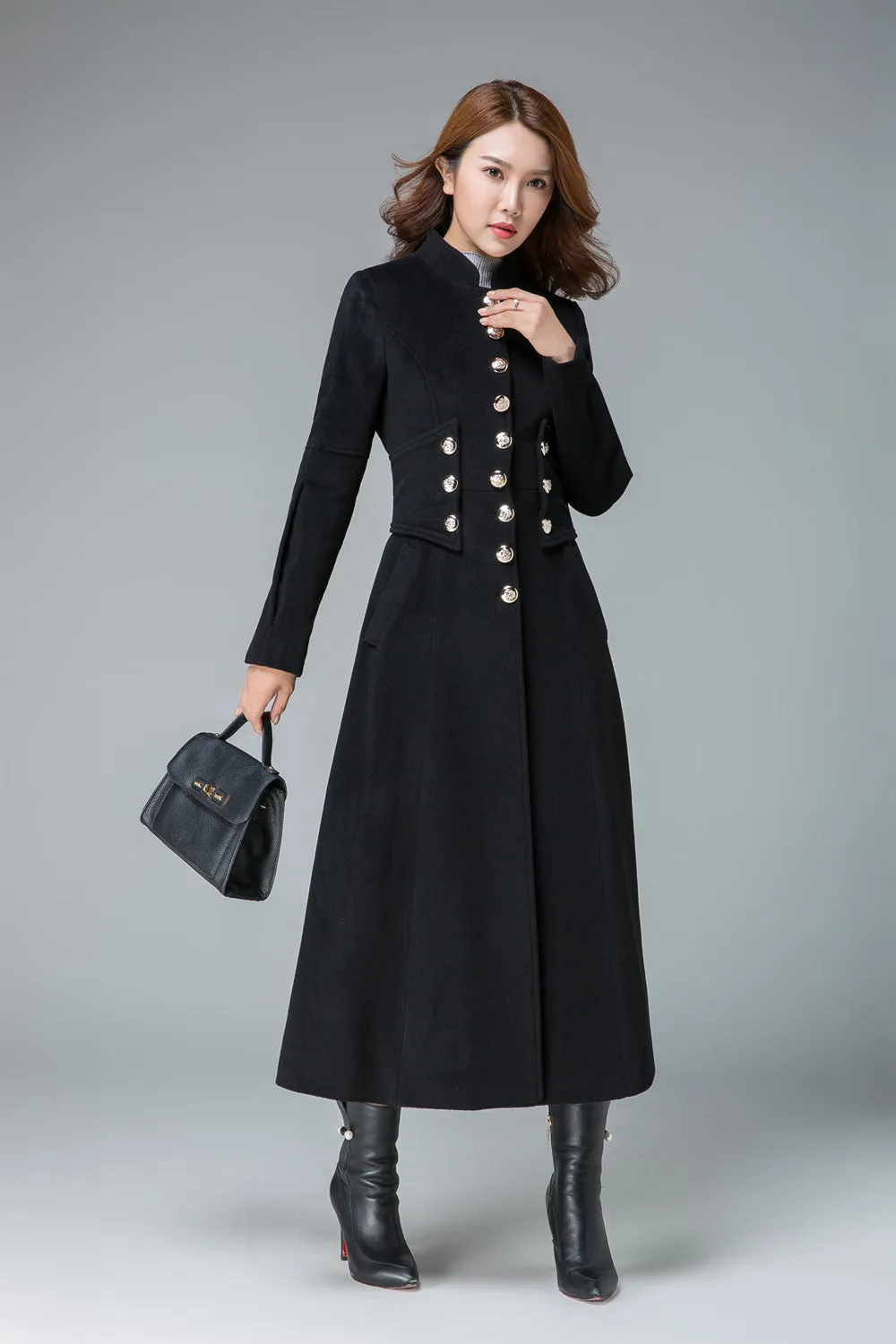 black winter coat, long wool coat, wool jacket, fitted coat, long coat 1840#