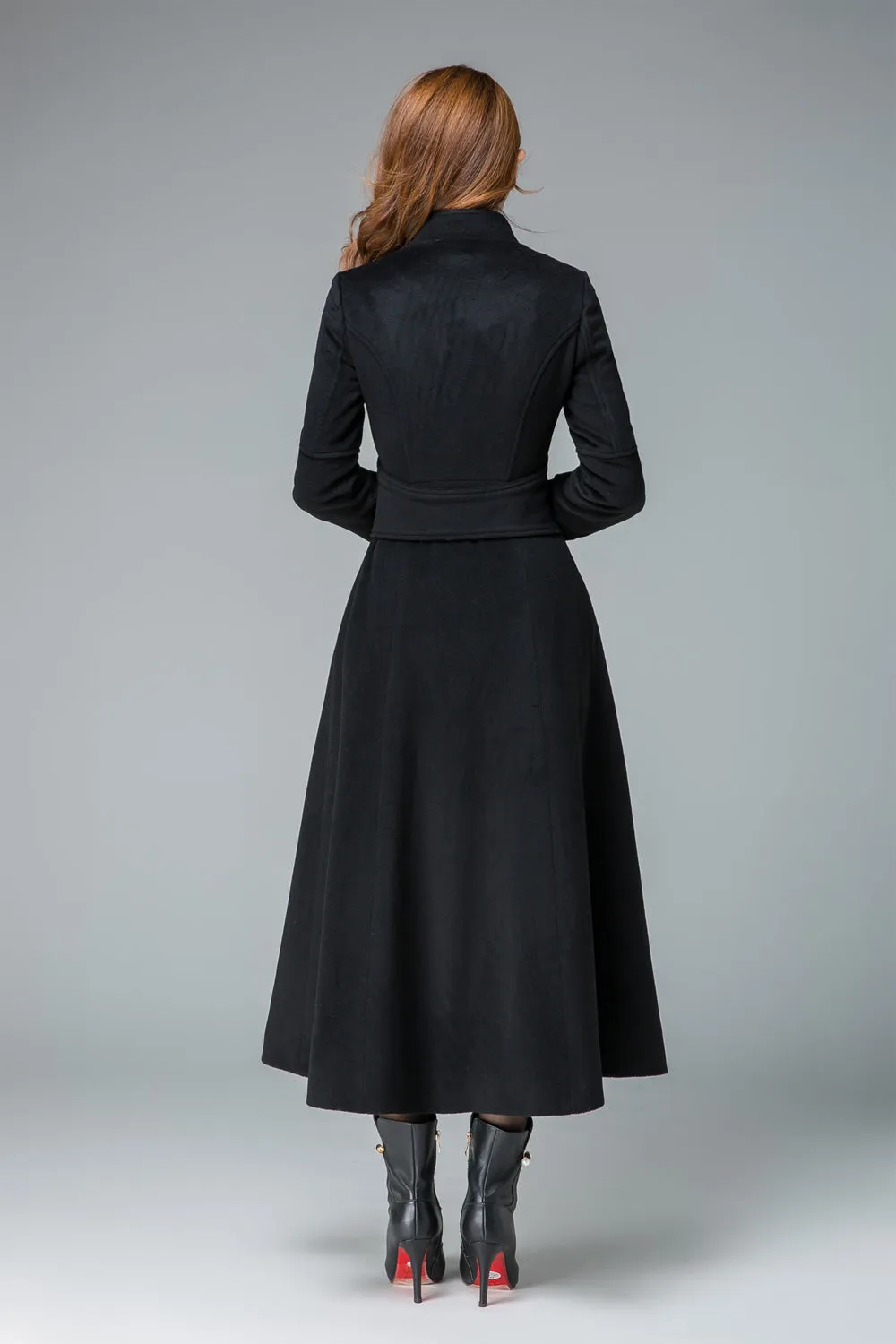 black winter coat, long wool coat, wool jacket, fitted coat, long coat 1840#