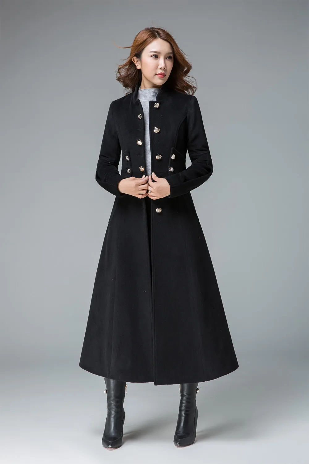 black winter coat, long wool coat, wool jacket, fitted coat, long coat 1840#