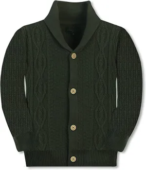 Boys Knitted Shawl Collar Cardigan Sweater 0 Cotton - Olive