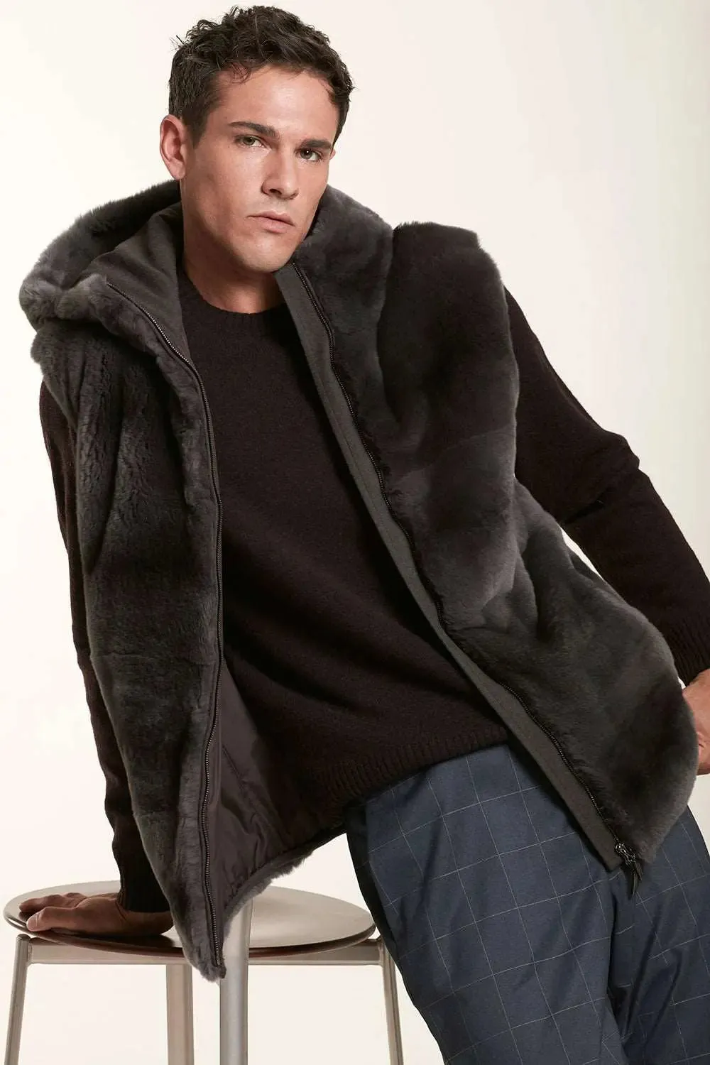 Brown fur vest with hood