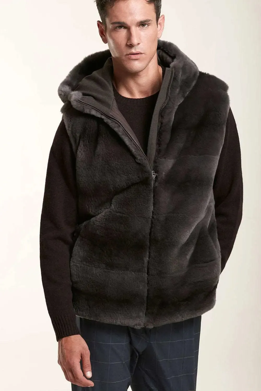 Brown fur vest with hood