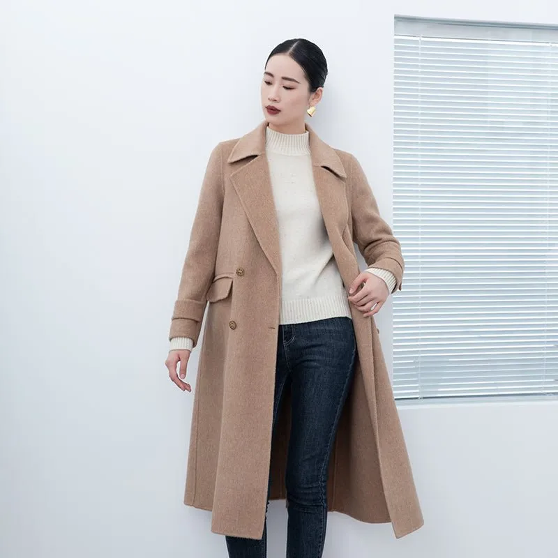 Camel Double Breasted Long Wool Overcoats