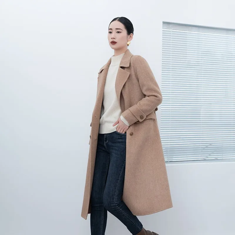 Camel Double Breasted Long Wool Overcoats