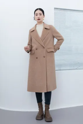 Camel Double Breasted Long Wool Overcoats