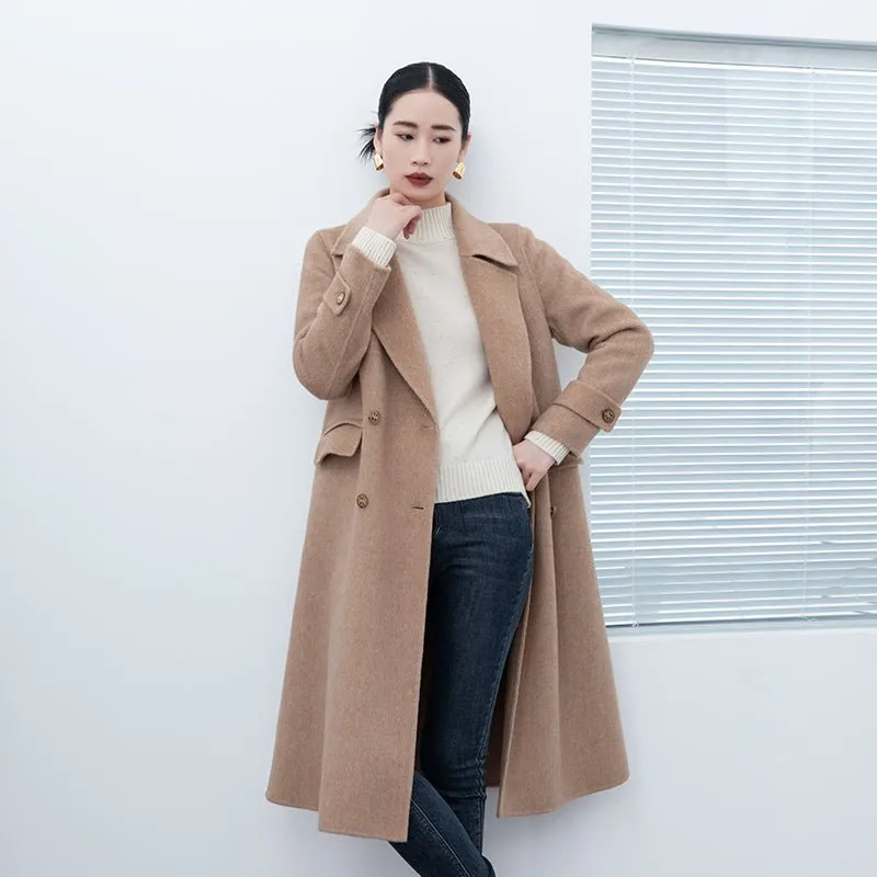 Camel Double Breasted Long Wool Overcoats