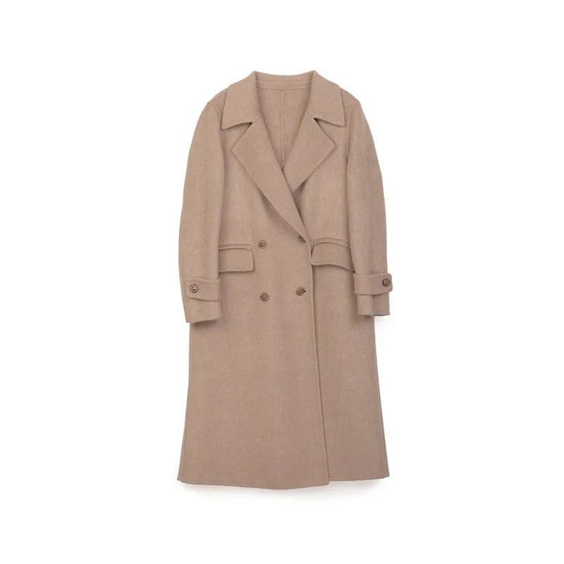 Camel Double Breasted Long Wool Overcoats