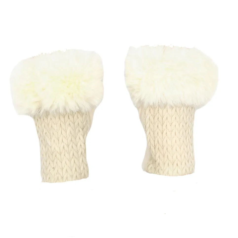 Cashmere Blend Fur Trimmed Fingerless Gloves - Cream