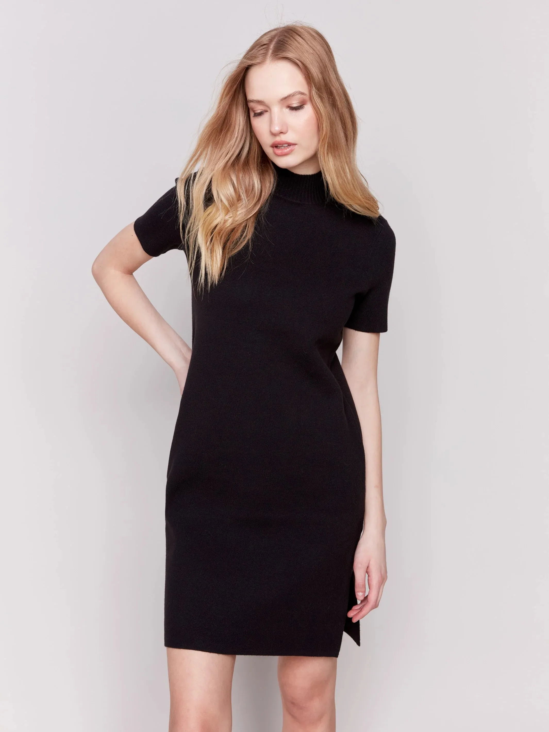 Charlie B Short-Sleeve Mock Neck Sweater Dress in Black