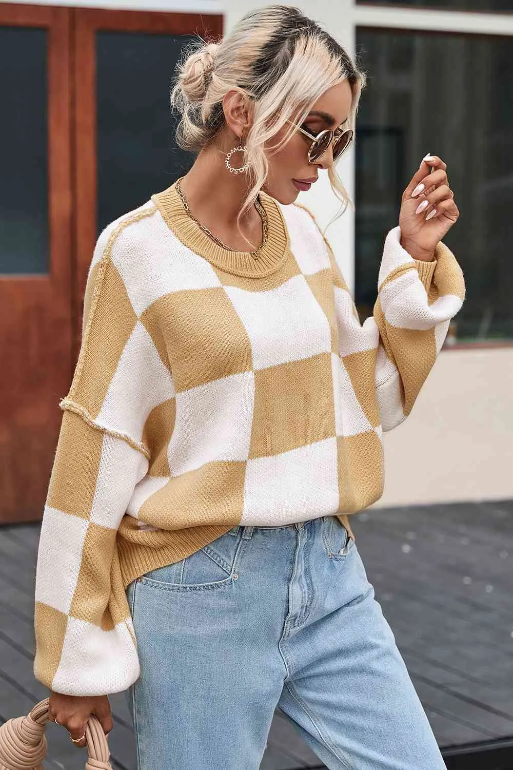 Checkered Exposed Seam Drooped Shoulder Sweater