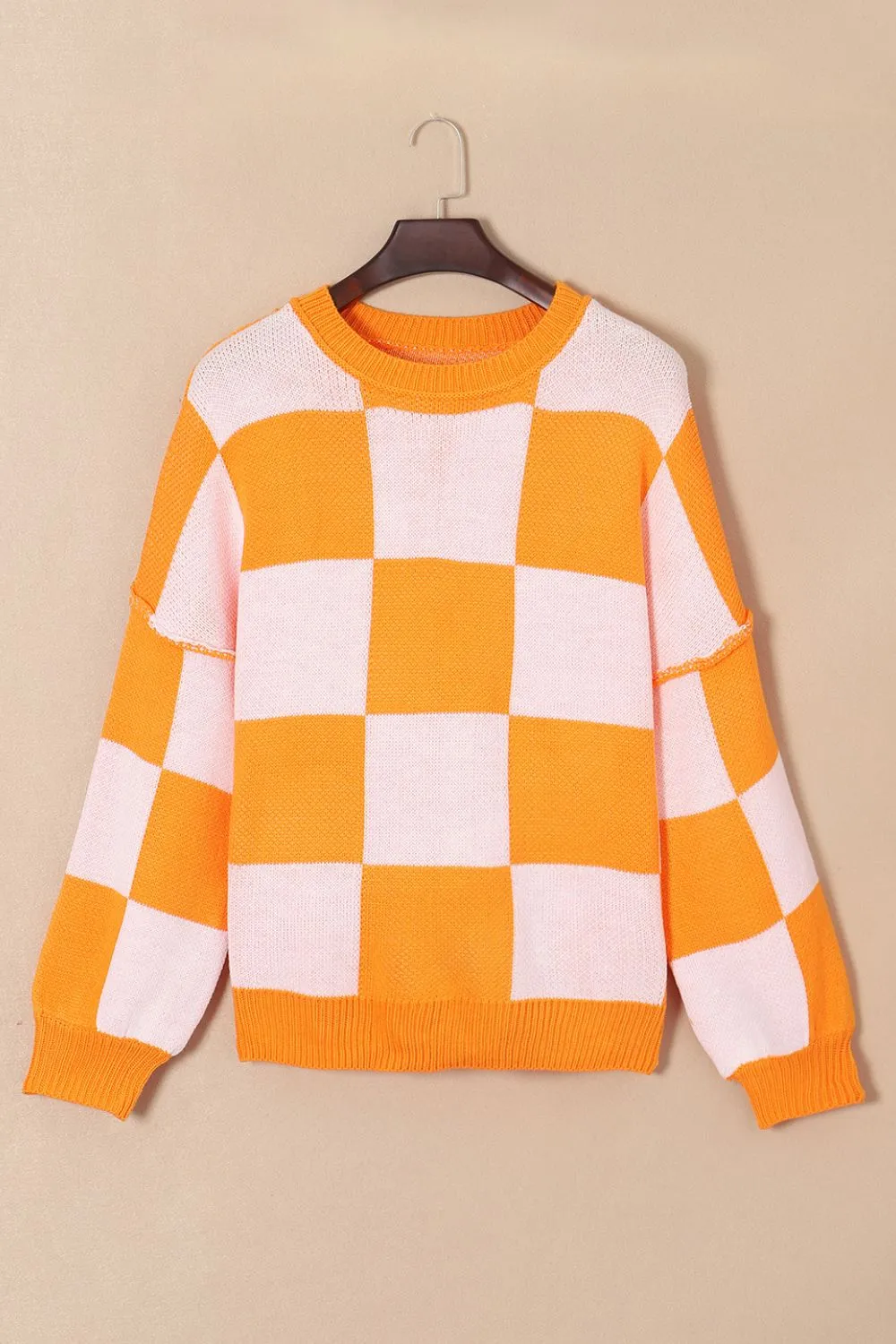 Checkered Exposed Seam Drooped Shoulder Sweater