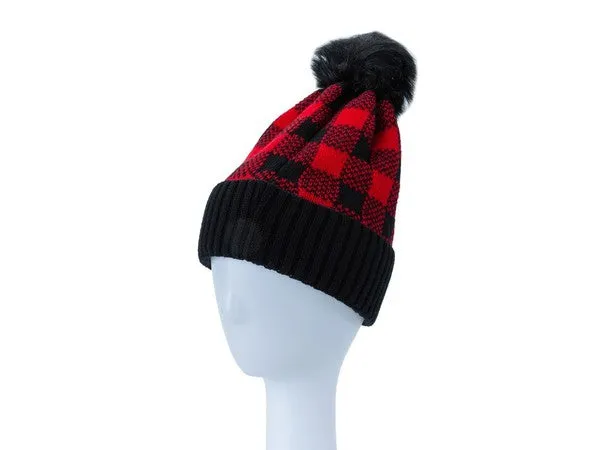 CHECKERED POM POM BEANIE