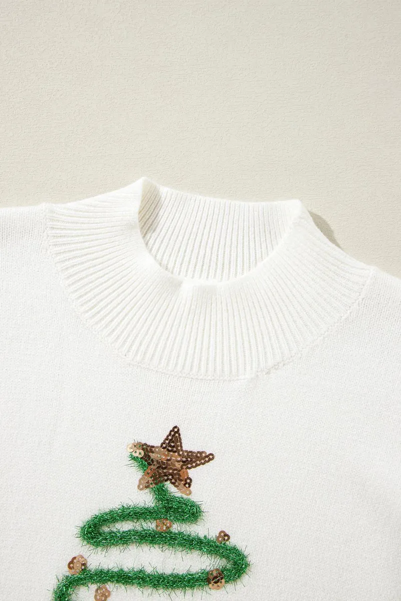 Christmas Tree Tinsel Graphic Puff Sweater Blouse