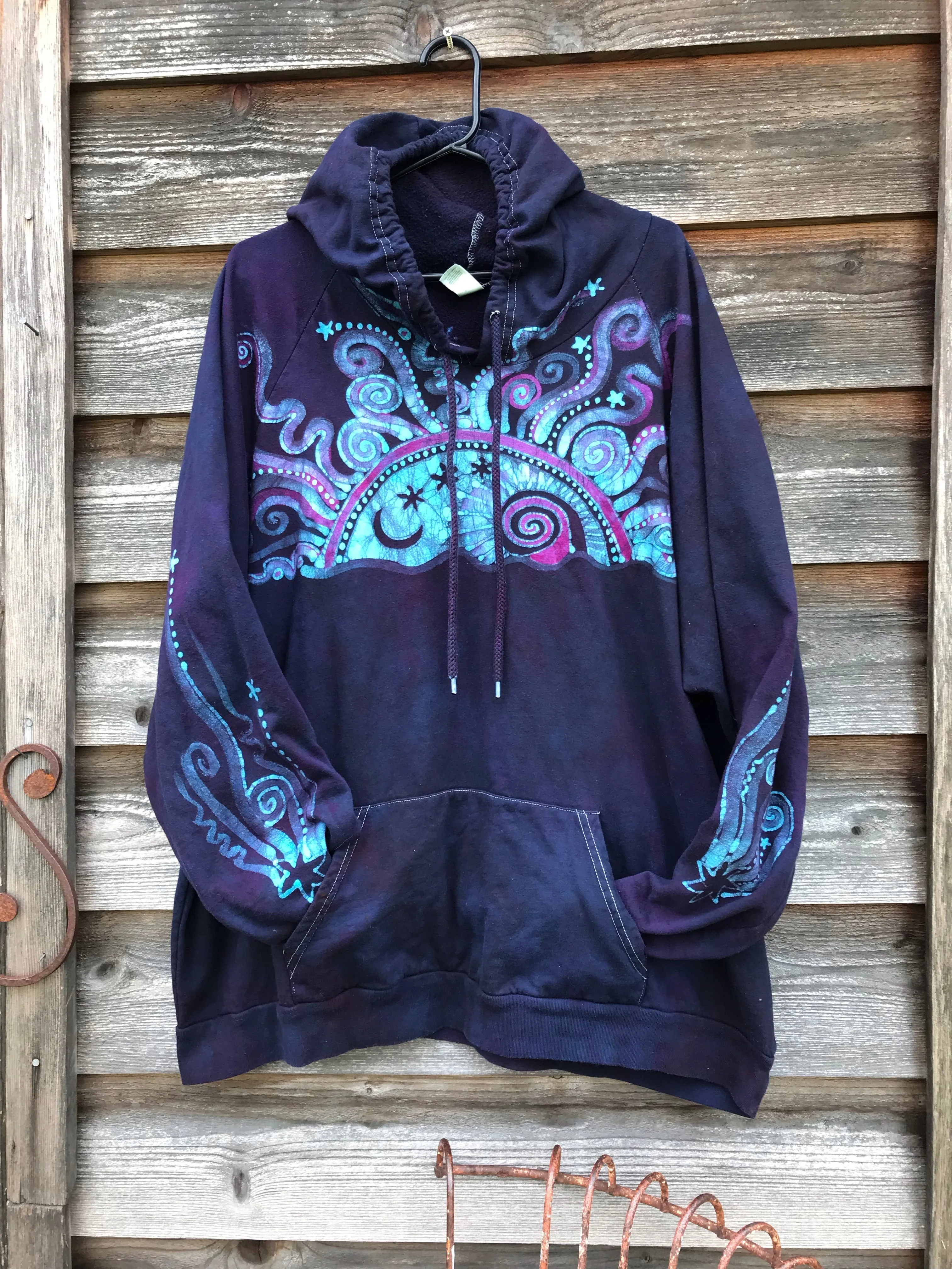 Cosmic Moonrise Pullover Batik Hoodie in Organic Cotton - Handmade Oversize in 3X