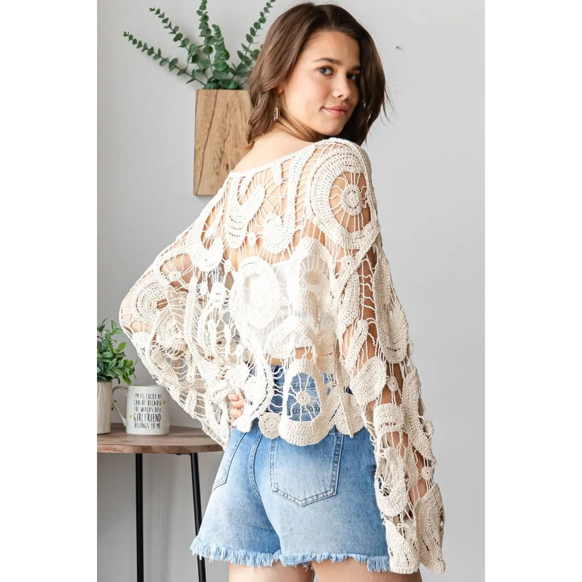 Crochet long bell like sleeve top: Natural