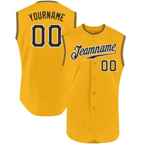 Custom Gold Black-White Authentic Sleeveless Baseball Jersey