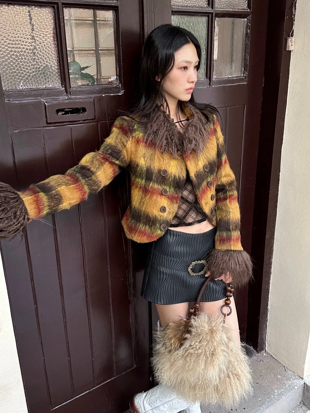 cutie autumn color plaid short jacket with brown fur