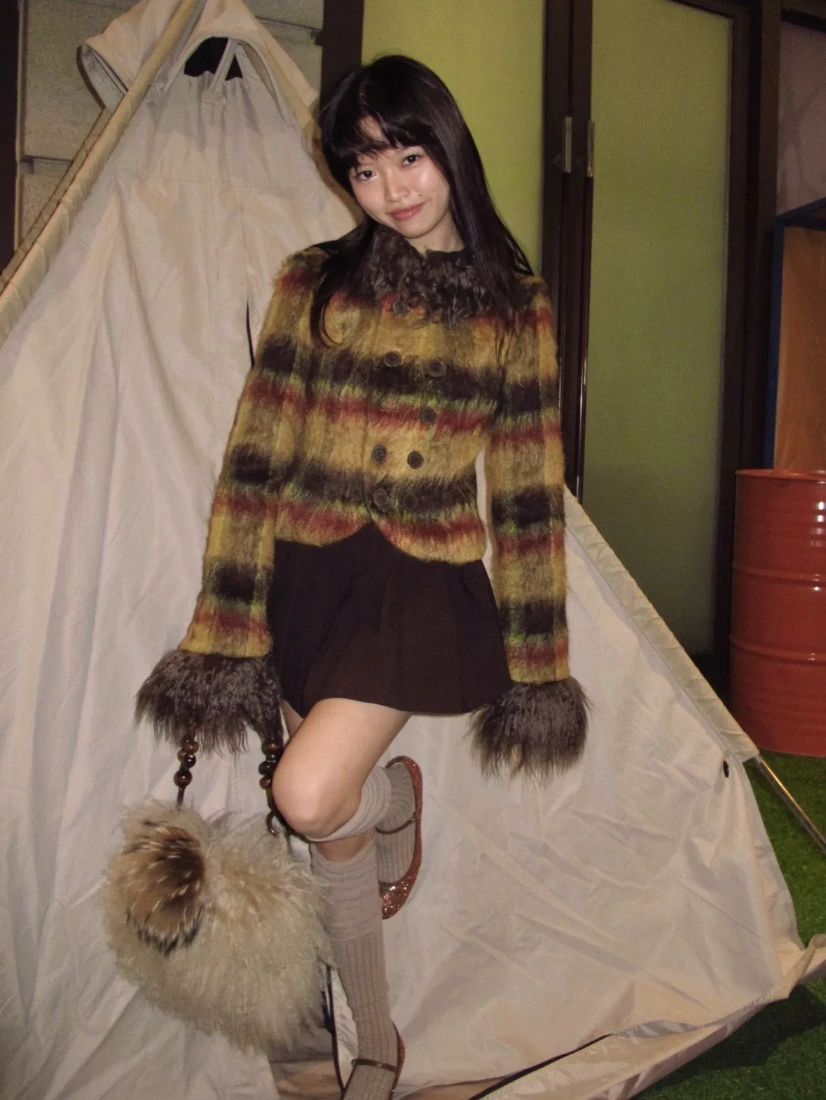 cutie autumn color plaid short jacket with brown fur