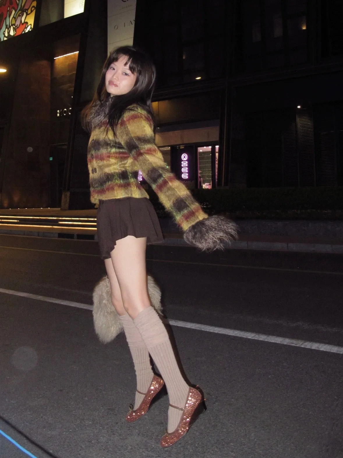 cutie autumn color plaid short jacket with brown fur