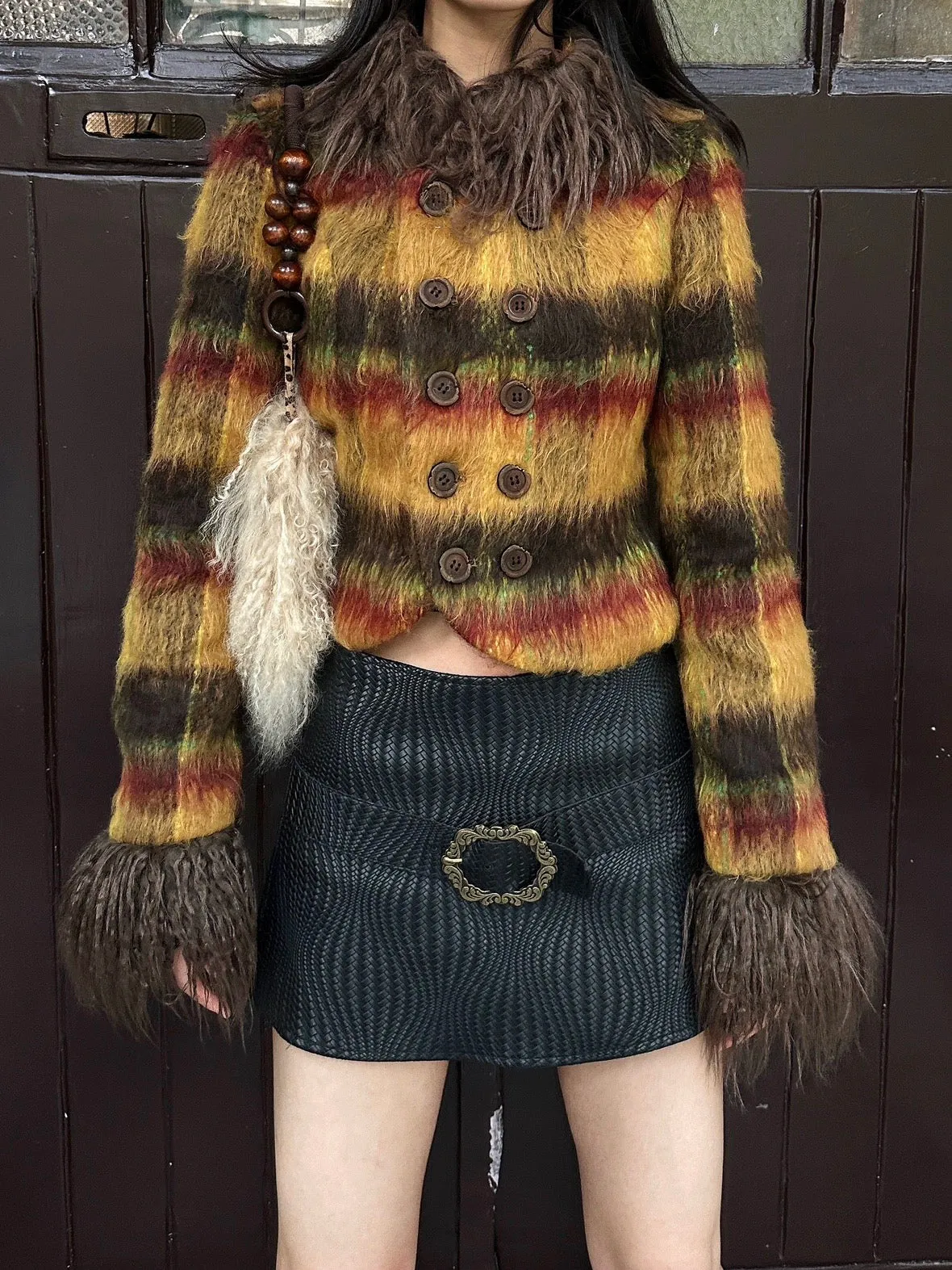 cutie autumn color plaid short jacket with brown fur