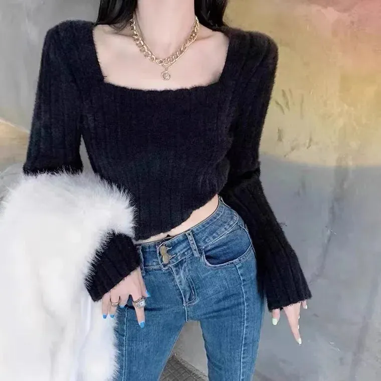 deanwangkt Autumn Winter Knitting Crop Tops Women Skinny Sweaters Bottom Shirts Fashion Female Long Sleeve Pullover Casual Knitted Sweater