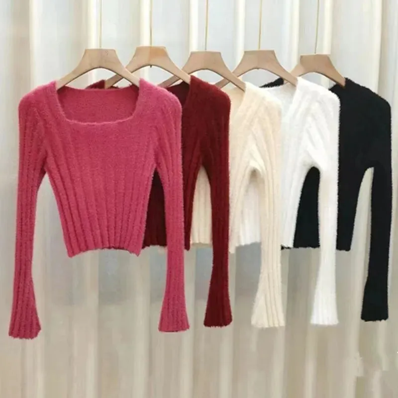 deanwangkt Autumn Winter Knitting Crop Tops Women Skinny Sweaters Bottom Shirts Fashion Female Long Sleeve Pullover Casual Knitted Sweater