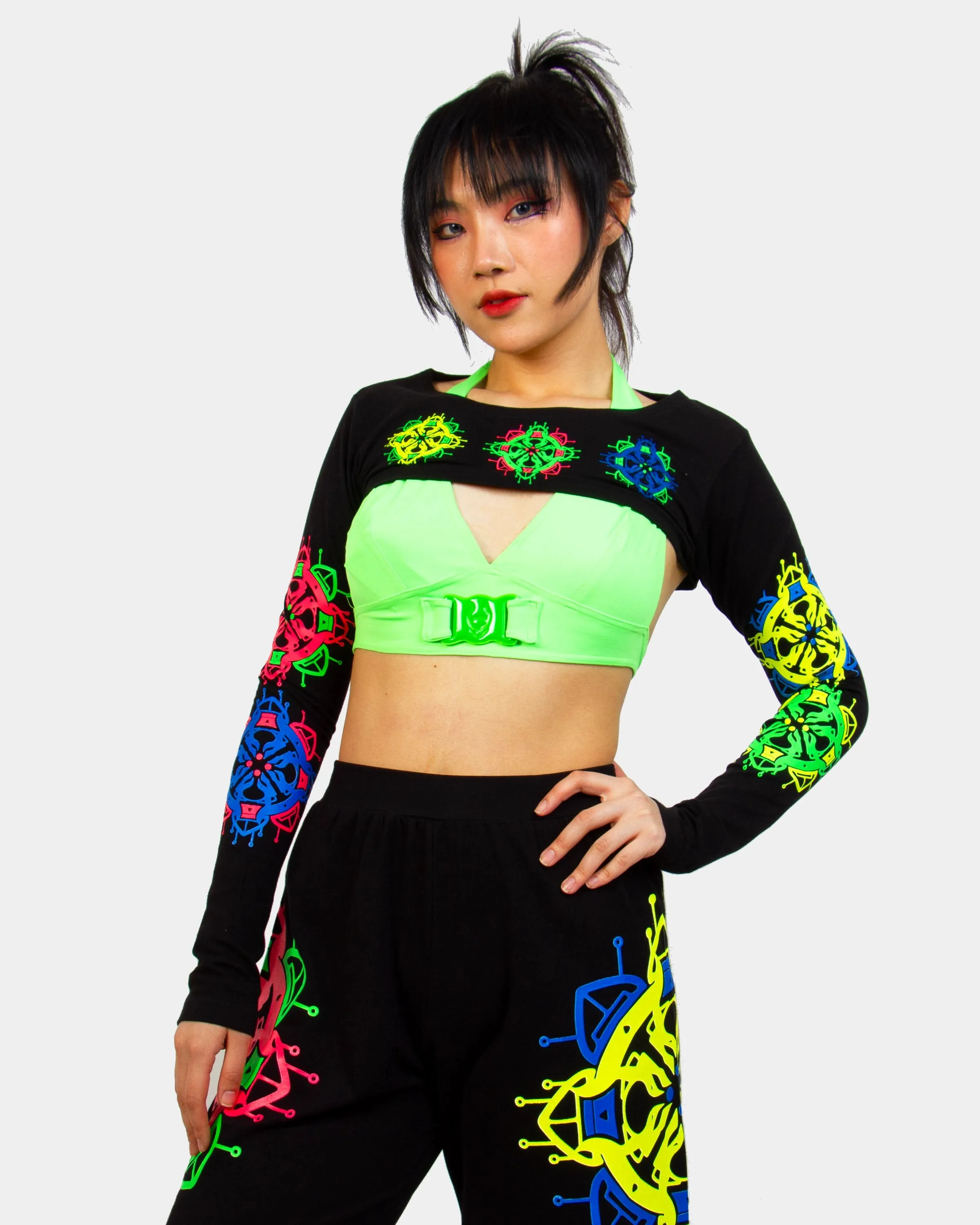 DHARMA WHEEL LONG SLEEVE CROP TOP BLACK