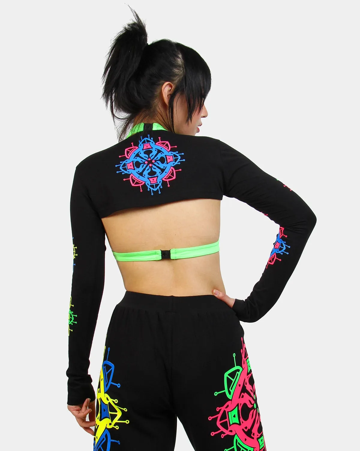 DHARMA WHEEL LONG SLEEVE CROP TOP BLACK