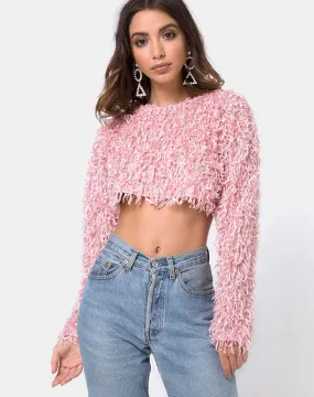 Diabla Crop Jumper in Shaggy Knit Sugar Pink