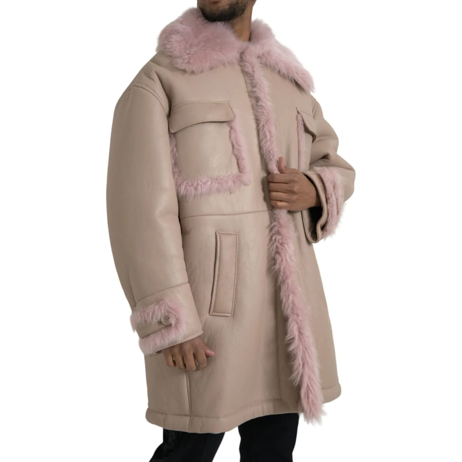 Dolce & Gabbana Beige Pink Lamb Leather Shearling Coat Jacket