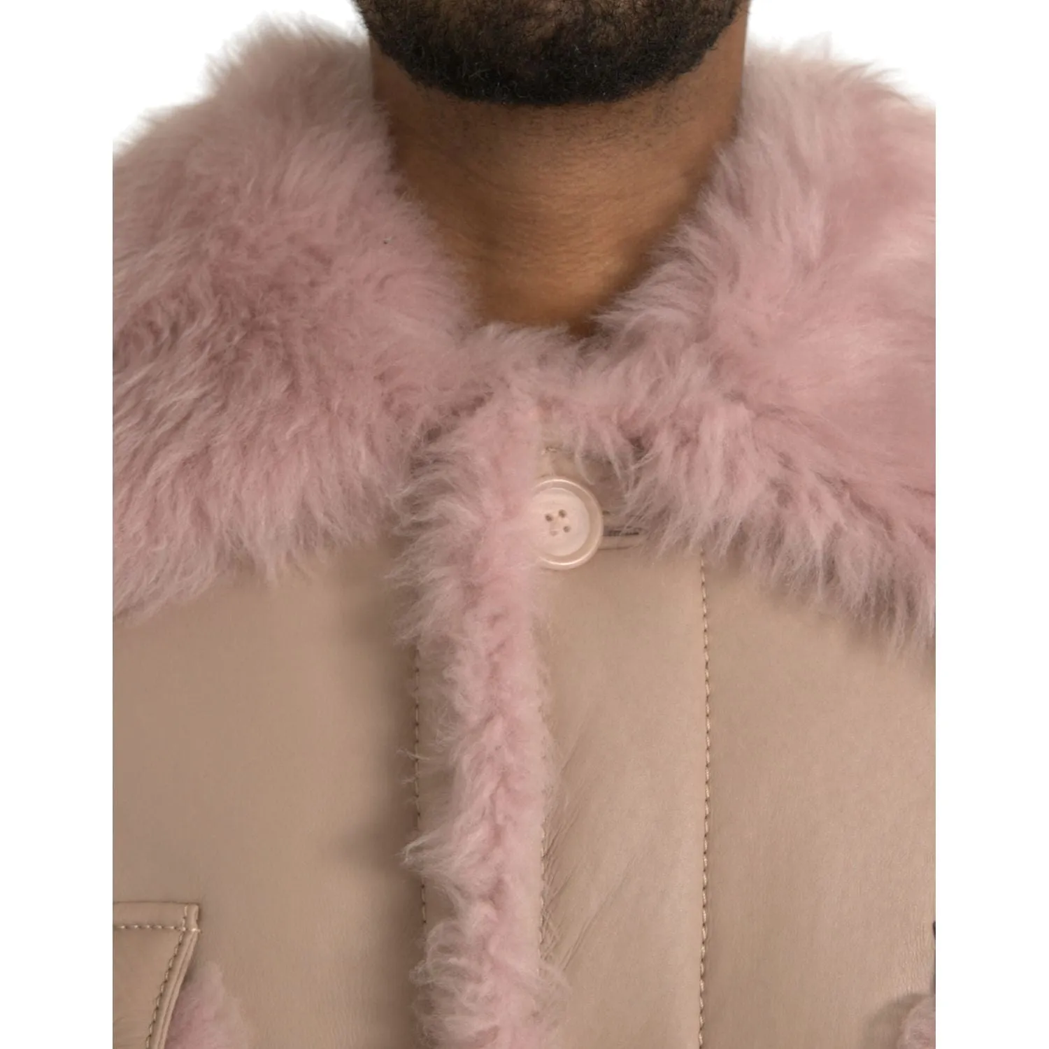 Dolce & Gabbana Beige Pink Lamb Leather Shearling Coat Jacket