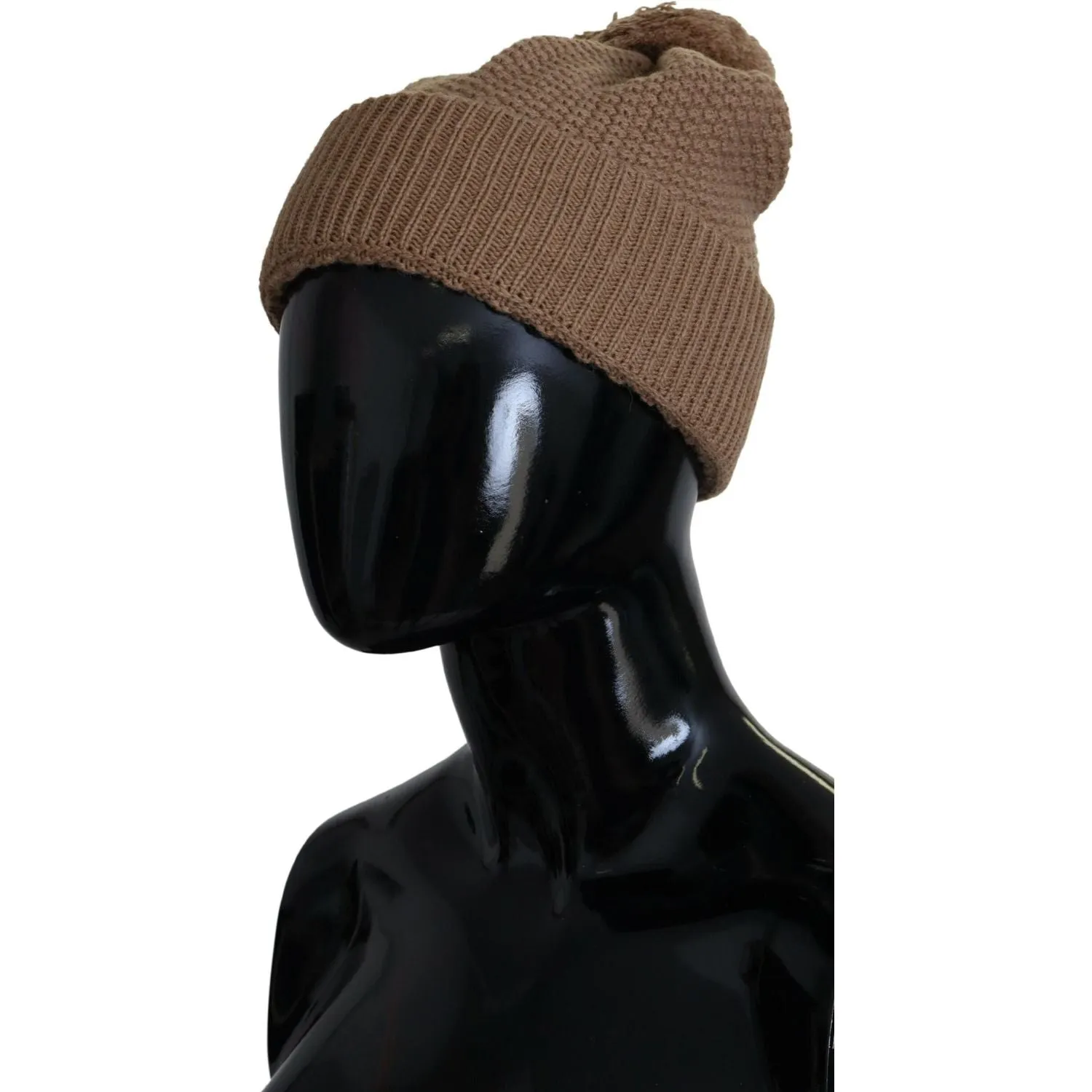 Dolce & Gabbana Elegant Camel Knit Beanie with Fur Accent