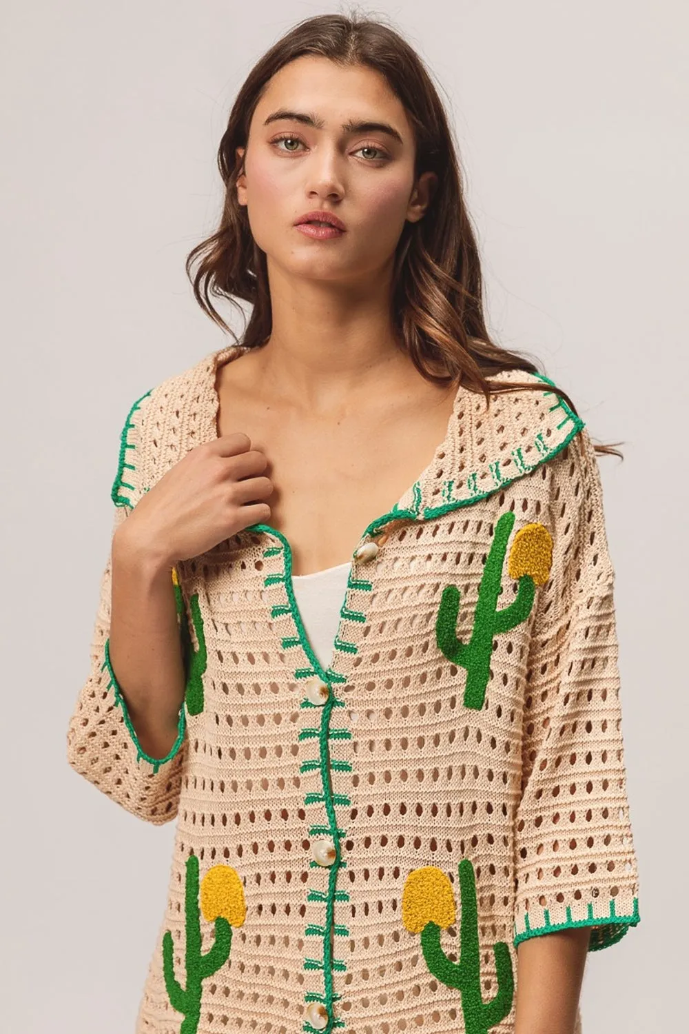 Edge Stitched Cactus Patch Sweater Cardigan