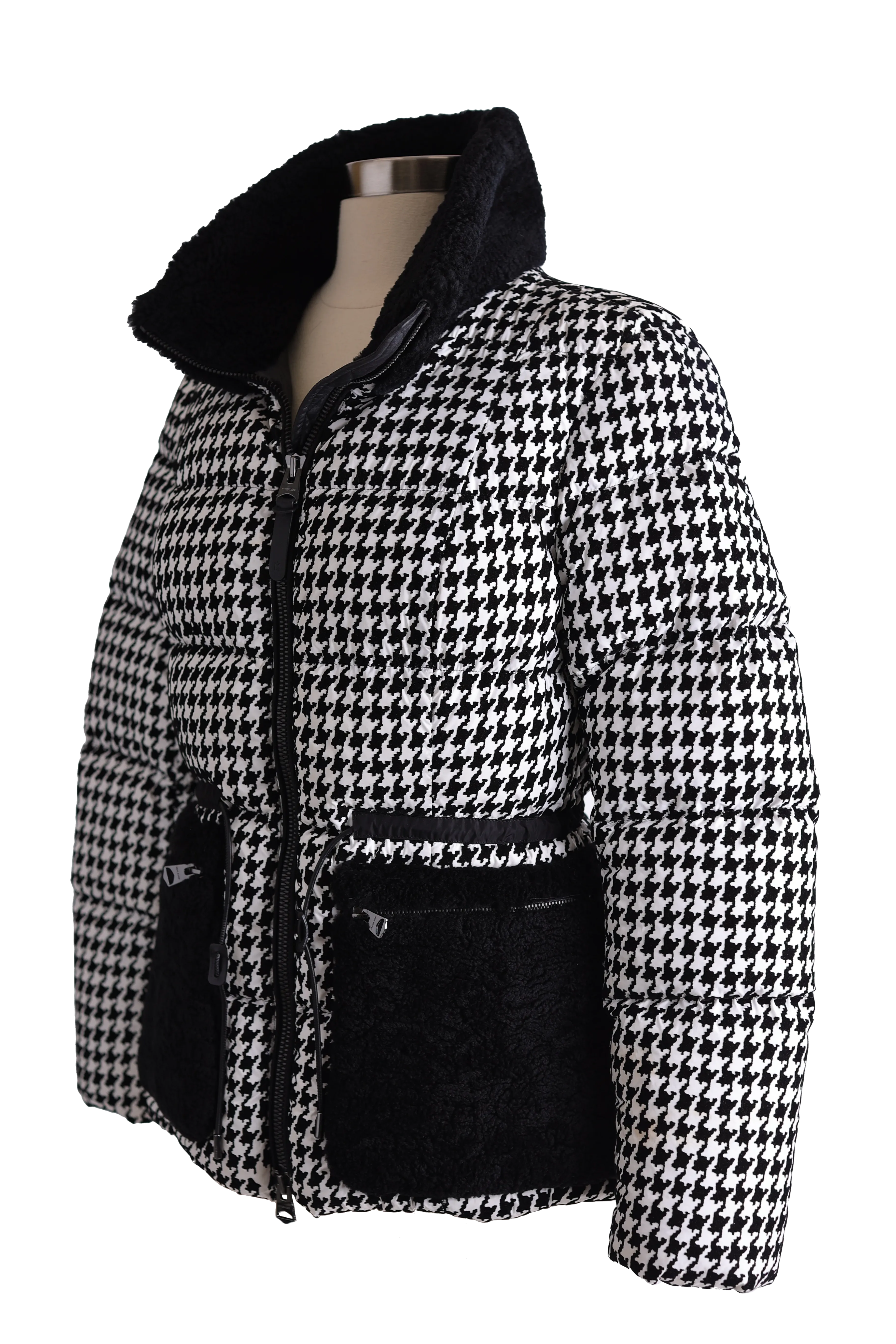 Elise Shearling Trim Houndstooth Down Puffer Jacket