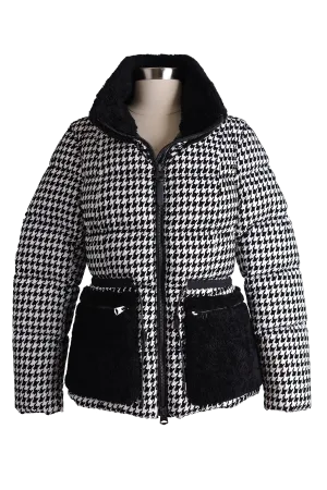 Elise Shearling Trim Houndstooth Down Puffer Jacket