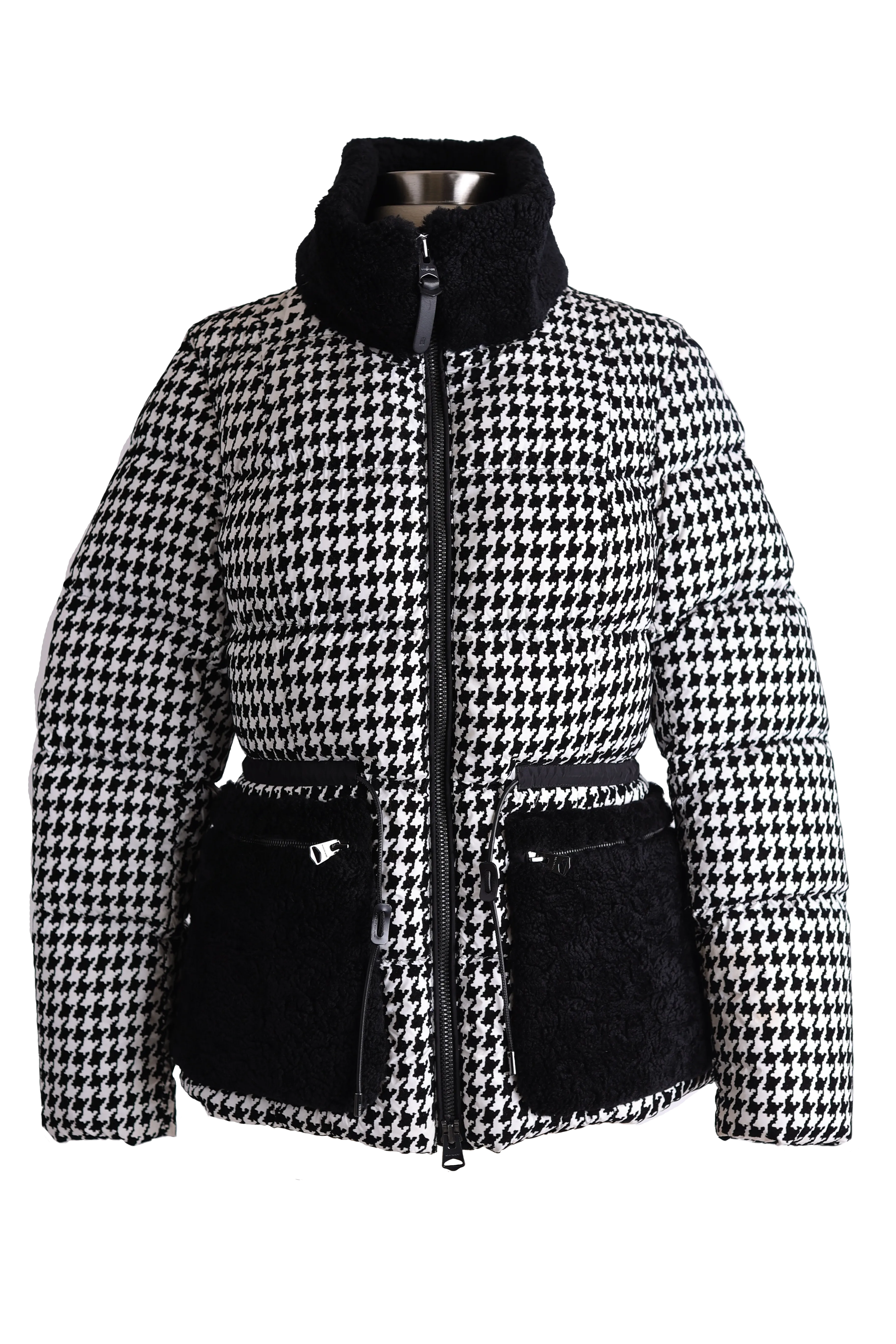 Elise Shearling Trim Houndstooth Down Puffer Jacket